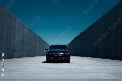 Black car drives through narrow space between tall concrete walls in bright sunlight at midday in a modern urban setting