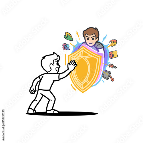 Man Protecting Himself with Shield from Cyber Attacks