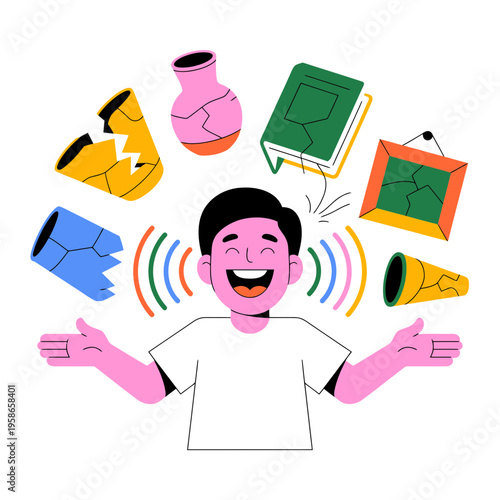 Happy Man Surrounded by Broken Objects and Books