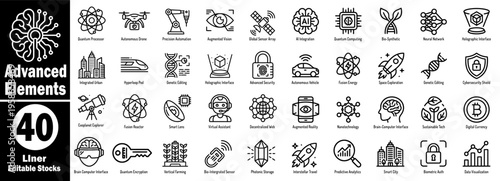 Advanced digital elements icons set. Featuring clean line art for futuristic concepts, biotechnology, and global connectivity systems, vector illustration.
