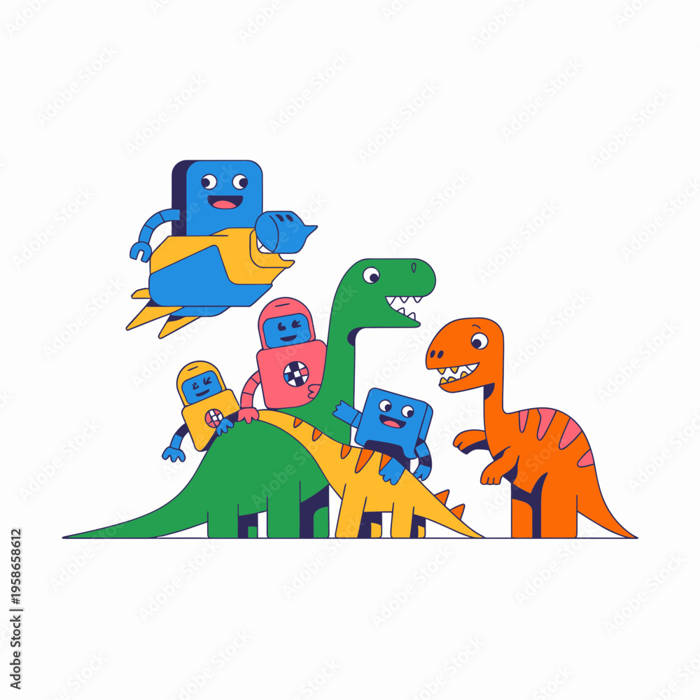 Obraz premium Robots Riding Dinosaurs in Cartoon Style