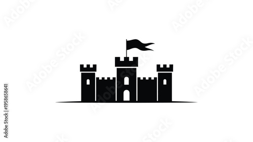 Medieval castle fortress with towers and flag, historic architecture landmark silhouette, minimal black vector illustration isolated on white