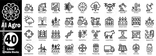 Ai agro 40 liner editable stocks. Featuring an autonomous tractor, robotic harvester, GIS analysis, neural network, AI brain, data cloud, smart drone, and robotic arm vector illustration.