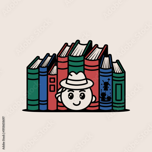 Cartoon Man Hiding Behind Colorful Books