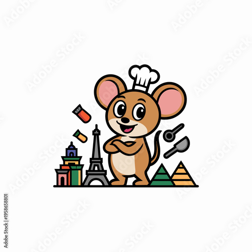 Cartoon Mouse Chef Cooking in Front of Paris Landmarks and Pyramids