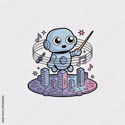 Blue Robot Conducting Music on Cityscape with Musical Notes