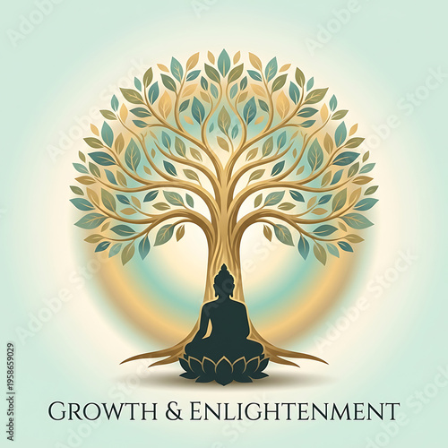 The silhouette of buddha meditating under a golden bodhi tree represents growth and enlightenment for mahavir jayanti and buddha purnima spiritual wellness and inner calm