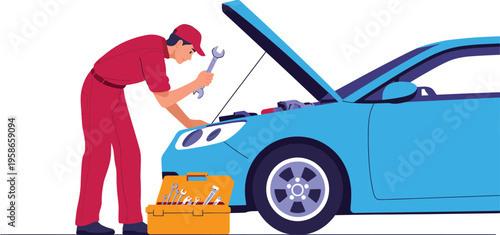 Professional auto mechanic repairing car engine with open hood, maintenance service concept, flat vector illustration of vehicle repair