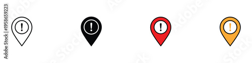 Map pointer with exclamation mark warning icon set. Location alert and navigation caution destination symbol. Vector Illustration.