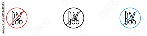 No sharp objects knife and scissors prohibited icon set. Safety restriction for dangerous tools and metal blades symbol. Vector Illustration.