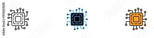 Computer processor microchip cpu icon set. Digital technology hardware and central processing unit symbol. Vector Illustration.