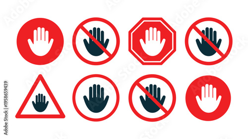 No touch warning signs illustration, red prohibited hand icons and no entry labels for safety, restricted zones, and hazard prevention.