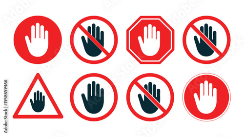 No touch ban symbols illustration set, red forbidden hand signs and no entry labels for safety warnings and restricted areas.