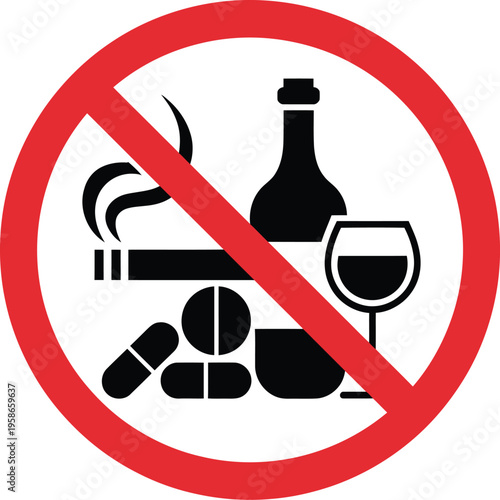 No substance abuse icon set illustration, prohibition symbols for drugs alcohol smoking for health awareness, prevention and safety messaging.