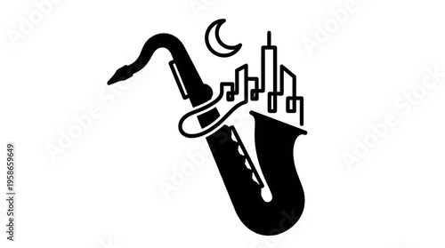 Minimalist Saxophone with City Skyline and Crescent Moon Line Art, Monochrome Jazz Music Vector Illustration