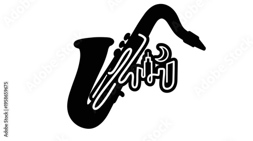 Minimalist Saxophone with City Skyline and Crescent Moon Line Art, Monochrome Jazz Music Vector Illustration
