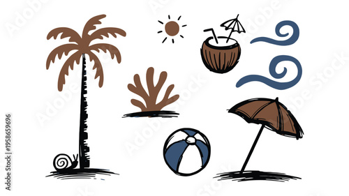 Hand drawn tropical beach illustration set with summer vintage doodle elements, scribble icon collection featuring coconut, ocean, starfish, coral, sunset, ball, umbrella and palm tree