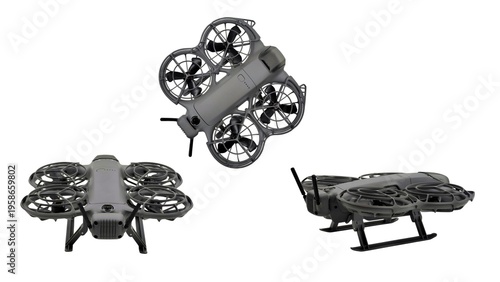 Set of 3 views: a compact quadcopter FPV drone with protective propeller guards (cinewhoop) and front camera, isolated on white background.