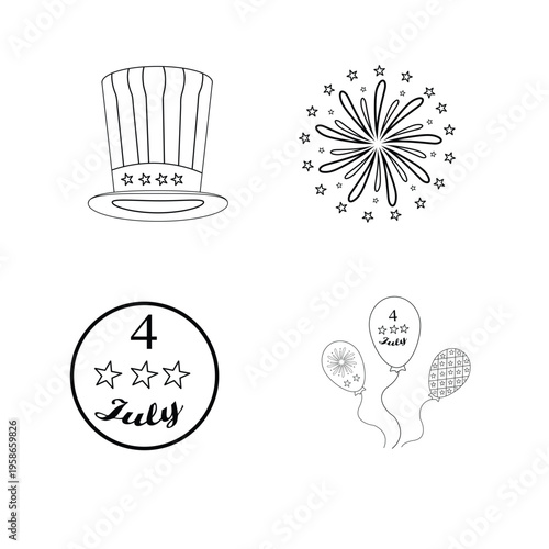 Set of hand drawn fourth of july independence day icons including uncle sam hat and fireworks