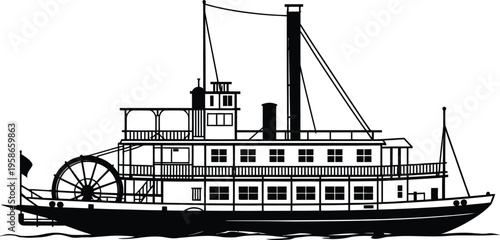 Vintage riverboat steamship illustration, paddlewheel transport for retro travel adventure nautical design and historic river navigation concept.