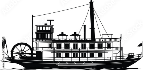 Paddlewheel riverboat illustration, vintage steamship historic transport for retro travel adventure nautical design and classic river navigation theme.