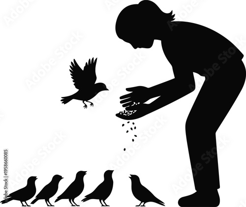 A simple silhouette portrays a woman standing upright and sharing handfuls of seeds with birds on the earth