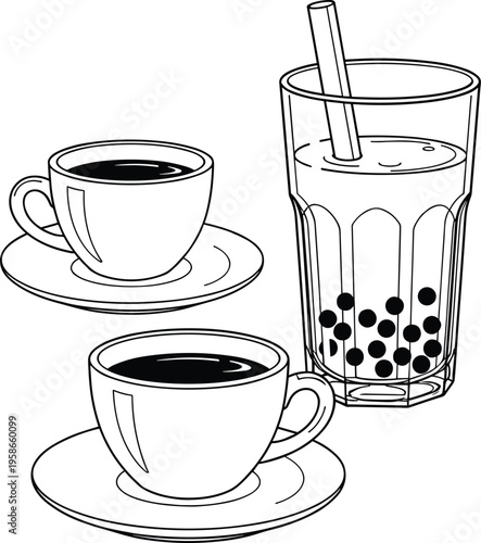 Beverages with boba and coffee cups