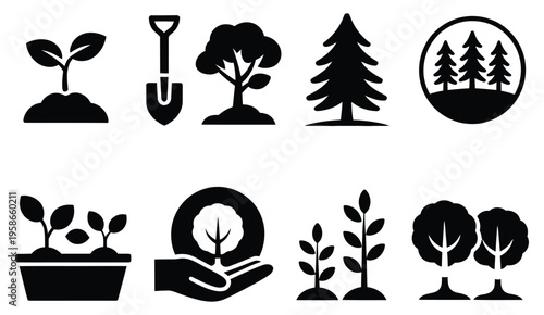 Solid style icons of tree planting and forest care, sapling icon, shovel and tree, reforestation badge, planted hand, seedling tray, tree protection icon