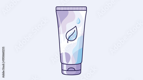 Tube of skin care cream or lotion featuring a light purple and blue abstract design with a leaf icon and a drop of water on the front.