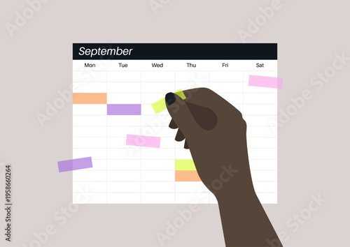 A hand places vibrant sticky notes onto a calendar, marking important dates and organizing tasks for the week ahead, emphasizing a creative approach to scheduling.
