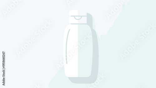 Flat vector icon of a white plastic bottle with a flip top cap suitable for shampoo conditioner or body wash on a light blue backdrop.