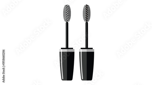 Two black mascara wands with different brush shapes standing upright representing professional eye makeup tools for volume and length.