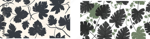 Seamless Botanical Pattern Set with Monstera Deliciosa Leaves and Vintage Grape Leaf Silhouettes for Textiles and Wallpaper