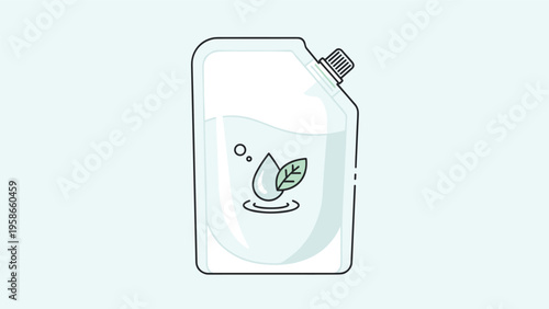 Flexible plastic refill pouch with a screw cap and a leaf icon used for eco friendly liquid soap or cosmetic product packaging.