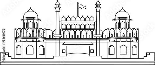 Red fort icon delhi landmark architectural line drawing illustration of indian monument