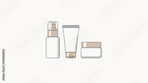 Set of three skin care product containers including a spray bottle a tube and a jar in white and gold tones for a luxury brand.