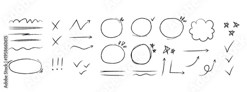 Hand drawn pencil markers and emphasis elements collection. Creative sketch circles arrows and underlines set.