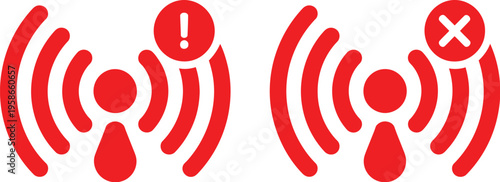 No internet wifi icons illustration, wireless signal with prohibition symbol showing connection problems, offline status, and network issues.