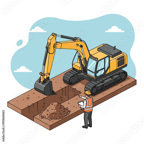 Excavator and Worker on Construction Site Digging Trench.