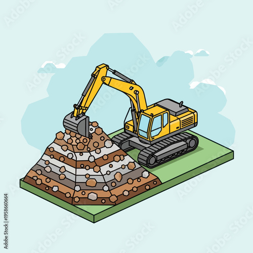 Heavy Excavator Digging Earth and Rocks on Construction Site.
