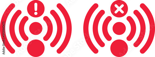 No wifi icon set illustration, wireless signal with prohibition symbol representing no internet connection, network issues, and connectivity problems.