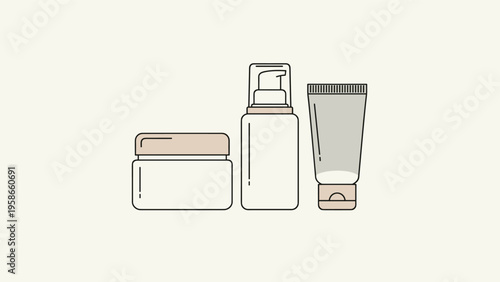 Cosmetic product line art illustration featuring a jar of cream a pump bottle and a tube of lotion for a complete skin care routine.
