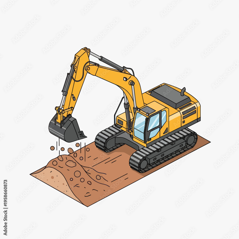 Obraz premium Heavy-duty yellow excavator digging earth on a construction site.