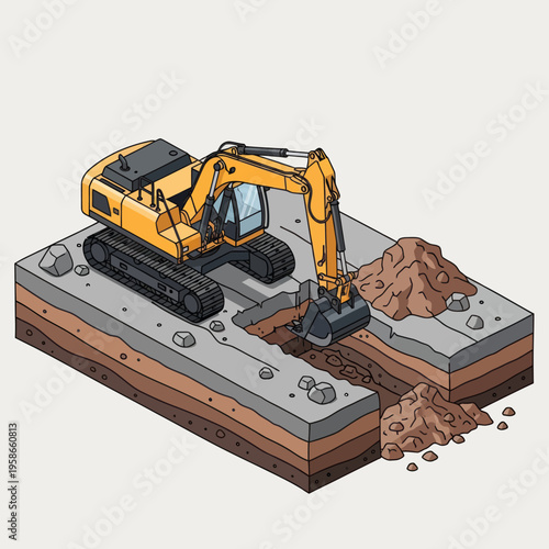Heavy Excavator Digging Trench in Cross-Sectional Earth Layers.
