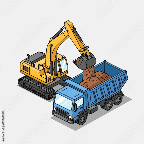 Excavator Loading Dump Truck with Dirt Isometric View.