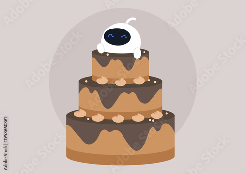 A fun scene unfolds as a charming robot pops up from a towering chocolate cake, delighting everyone at a lively celebration full of laughter and excitement.
