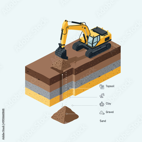 Excavator digging into layered soil, revealing geological strata.