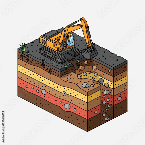 Isometric illustration of an excavator digging through layers of earth.