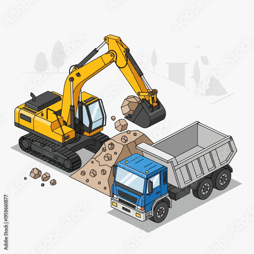 Heavy Construction Equipment - Excavator Loading Dump Truck with Dirt.