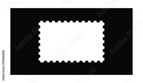 A blank white postage stamp on a black background